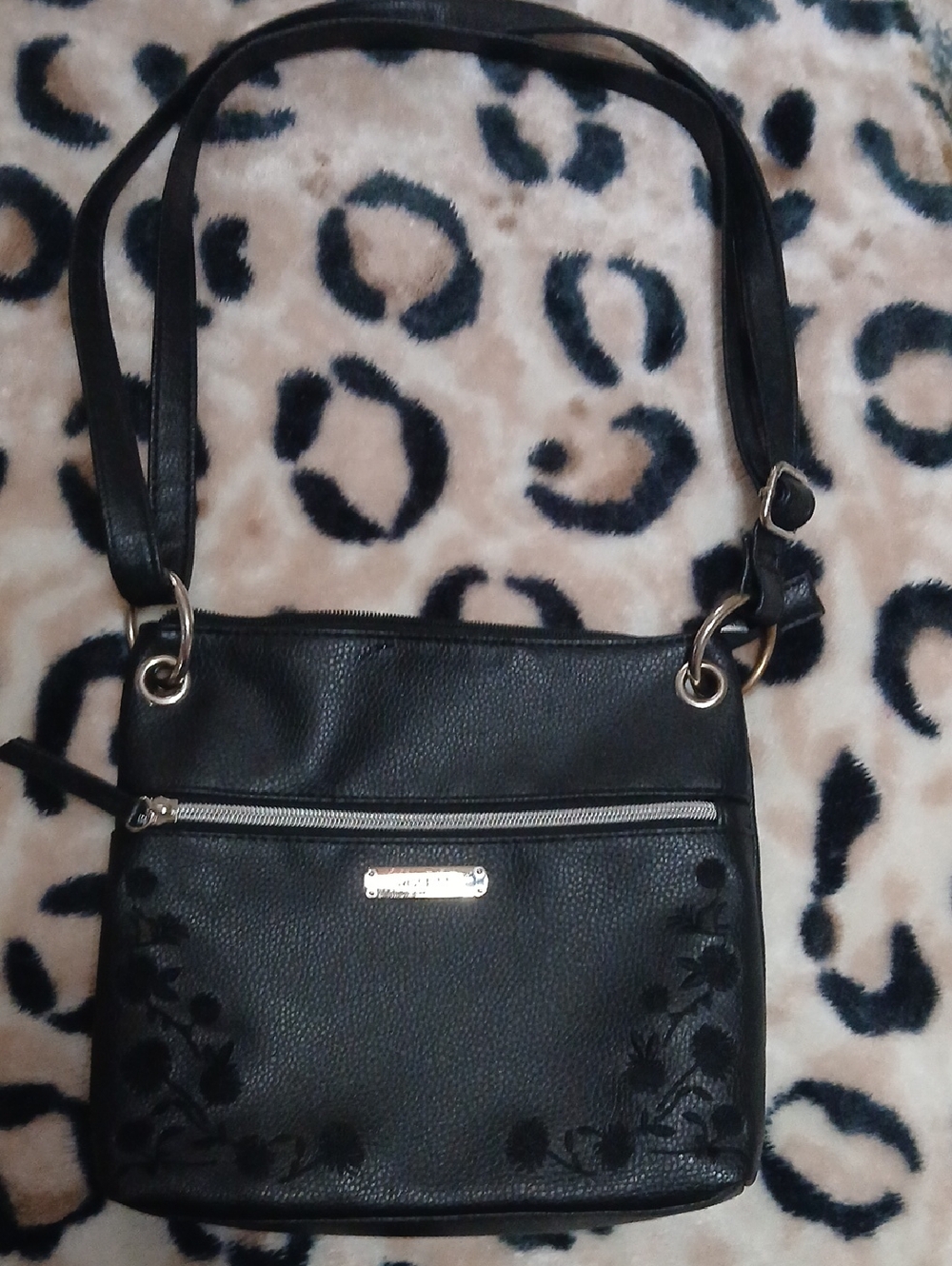 Black Women's Crossbody Bag with Floral Embroidery